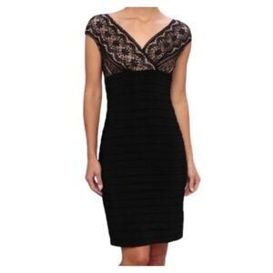 Adrianna Papell Black Lace Dress Shutter Pleated Women's 8 V-Neck Cap Sleeve